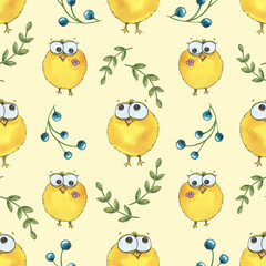 Watercolor illustration with yellow cartoon chickens. Seamless pattern, children's. Bright, funny, simple. For prints, clothing, paper, fabric, wallpaper.