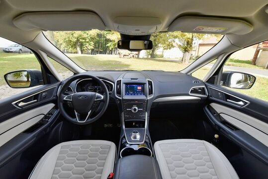 Ford S-Max Hybrid Vignale. Up to seven seater spacious and economical car. Cabin interior. 10-19-2021, Middle Bohemia, Czech Republic.