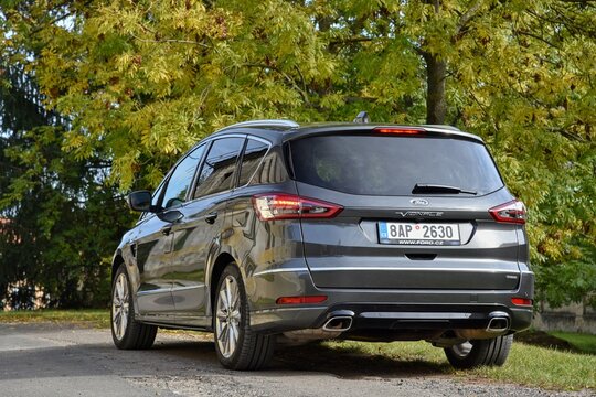 Ford S-Max Hybrid Vignale. Up to seven seater spacious and economical car. General rear view. 10-19-2021, Middle Bohemia, Czech Republic.