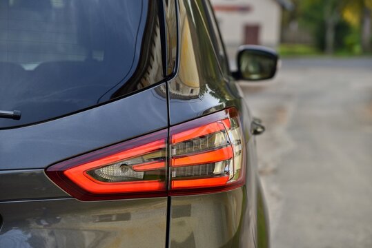 Ford S-Max Hybrid Vignale. Up to seven seater spacious and economical car. Tail light detail. 10-19-2021, Middle Bohemia, Czech Republic.