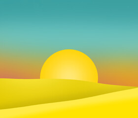 Minimalistic sun and dunes illustration, sand dunes and a teal sky in the background of a large yellow sun