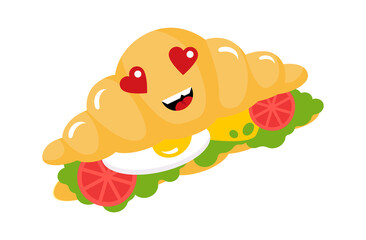 Funny Cartoon croissant. Fast Food icon. Vector illustration