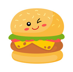 Funny Cartoon burger. Fast Food icon. Vector illustration