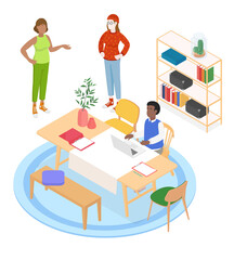 Isometric office with working people. Vector illustration flat design isolated. Male and female characters. Office and casual clothes. Desk, chair, computer, office space, meeting