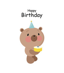Birthday Party, Greeting Card, Party Invitation. Kids illustration with Cute Bear with Cake. Vector illustration in cartoon style.