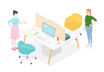 Isometric office with working people. Vector illustration flat design isolated. Male and female characters. Office and casual clothes. Desk, chair, computer, office space, meeting