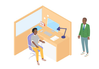 Isometric office with working people. Vector illustration flat design isolated. Male and female characters. Office and casual clothes. Desk, chair, computer, office space, meeting