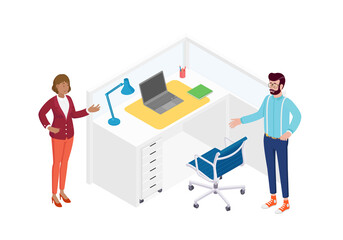 Obraz premium Isometric office with working people. Vector illustration flat design isolated. Male and female characters. Office and casual clothes. Desk, chair, computer, office space, meeting