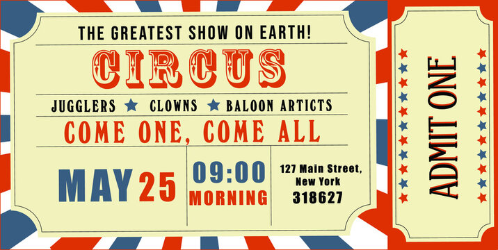 Ticket template for attending a circus performance, blue and brick color. Used in the circus, in web design, posters, banners.