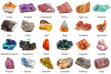 beautiful collection of geological minerals on a white background