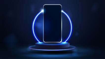 Smartphone on blue podium floating in the air with blue neon ring on background. - obrazy, fototapety, plakaty