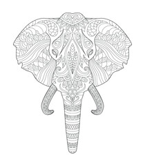 Elephant head with horns line art for children or adult coloring book. Vector graphic, coloring page. Hand-drawn with ethnic floral doodle pattern. Zendala, spiritual relaxation. Zen doodles