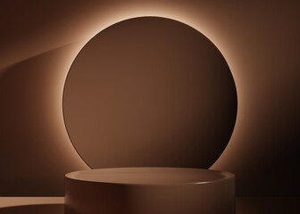 Minimal brown podium for product showcase. Cylinder shapes pedestal. Dark background display. Black stand backdrop. Empty stage. 3d render 