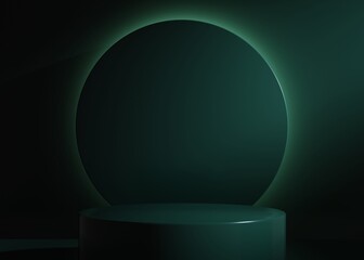 Minimal green podium for product showcase. Cylinder shapes pedestal. Dark background display. Dark stand backdrop. Empty stage. 3d render 