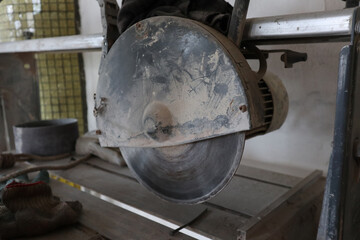 dusty circular saw in the workshop