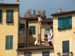 The Piazza Anfiteatro - Lucca , Italy. View from piazza Anfiteatro, former a Roman Ampitheatre, in...