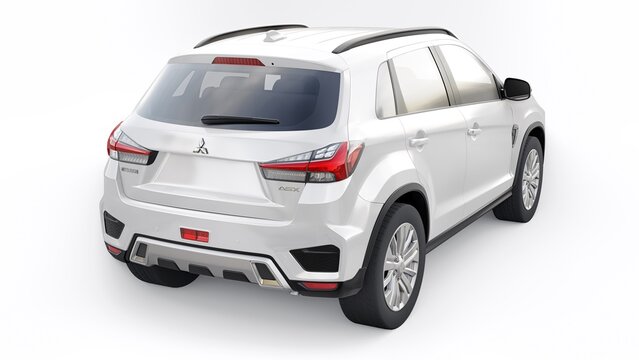 Tokyo. Japan. April 6, 2022. Mitsubishi ASX 2020. White compact urban SUV on a white uniform background with a blank body for your design. 3d illustration.