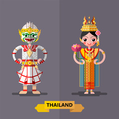 Cute cartoon characters girl in traditional dresses of thailand or thai traditional dance costume  in flat design color style on paper background