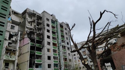 Ruined city Chernihiv near Kyiv on north of Ukraine, damages, destructions, destroyed burnt out infrastructure, ruins of city because of terrorist attacks, bomb shelling of civilian object.