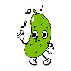 Cute funny cucumber walking singing character. Vector hand drawn traditional cartoon vintage, retro, kawaii character illustration icon. Isolated on white background. Cucumber walk and sing character