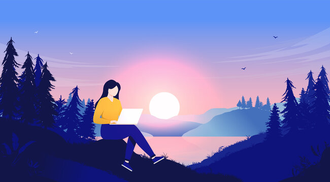 Woman with laptop - Person sitting in nature working alone late evening with sunset and beautiful landscape in background. Vector illustration with copy space for text.