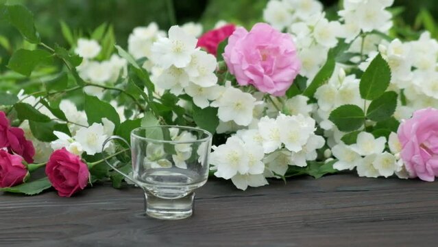 Glass cup with tea and pieces of sugar, croissants, marshmallows, white vase with a bouquet of jasmine branches and a rose on a wooden table among flowering bushes. Outdoor, picnic, brunch. Selected f