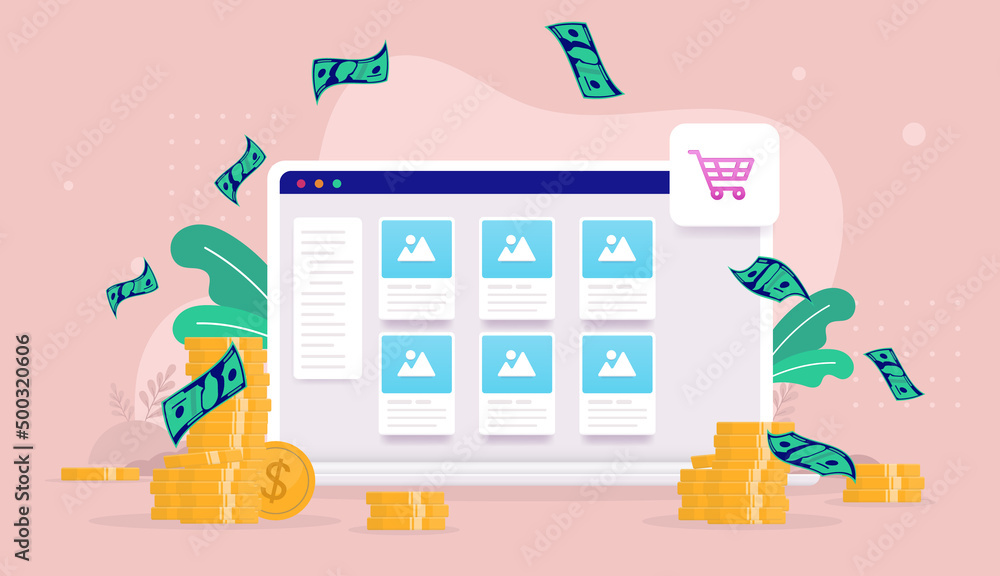 Aufkleber e-commerce income - computer screen with web shop on screen and money all around. vector illustratio