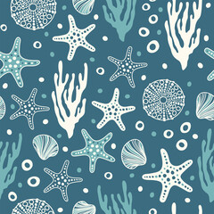 Sea bottom seamless pattern.Summer beach hand-drawn seaside vector print.Undersea world cartoon background with sea urchin, starfish, shell, coral. Seashore elements design for fabrics, wallpaper