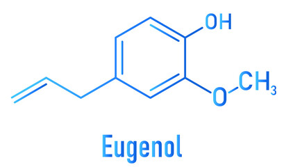 Eugenol herbal essential oil molecule. Present in cloves, nutmeg, etc. Skeletal chemical formula.