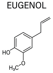 Eugenol herbal essential oil molecule. Present in cloves, nutmeg, etc. Skeletal chemical formula.