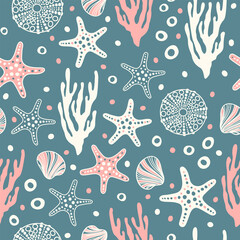 Sea bottom seamless pattern.Summer beach hand-drawn seaside vector print.Undersea world cartoon background with sea urchin, starfish, shell, coral. Seashore elements design for fabrics, wallpaper