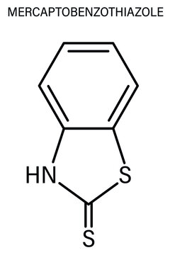 Mercaptobenzothiazole or MBT skin sensitizer molecule skeletal chemical formula. Used as rubber vulcanising agent.