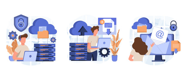 Cloud computing isolated set. Secure connection, storage and cloud technology. People collection of scenes in flat design. Vector illustration for blogging, website, mobile app, promotional materials.