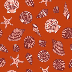 Sea shells, fossils and mollusks seamless pattern. Summer beach hand-drawn seaside vector print. Fashion textile bright multicolored illustration. Seashore elements design for fabrics, wallpaper