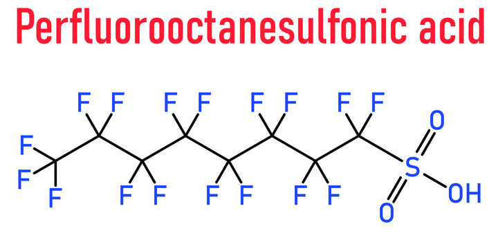 Perfluorooctanesulfonic acid or perfluorooctane sulfonate, PFOS, persistent organic pollutant molecule. Skeletal chemical formula.