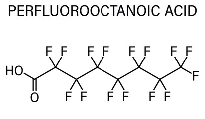 Perfluorooctanoic acid or PFOA, perfluorooctanoate, carcinogenic pollutant molecule, skeletal chemical formula.