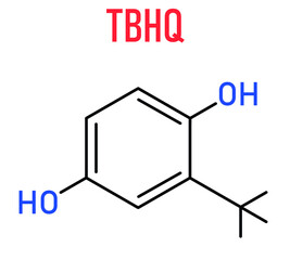TBHQ or tert-Butylhydroquinone antioxidant preservative molecule. Skeletal chemical formula.