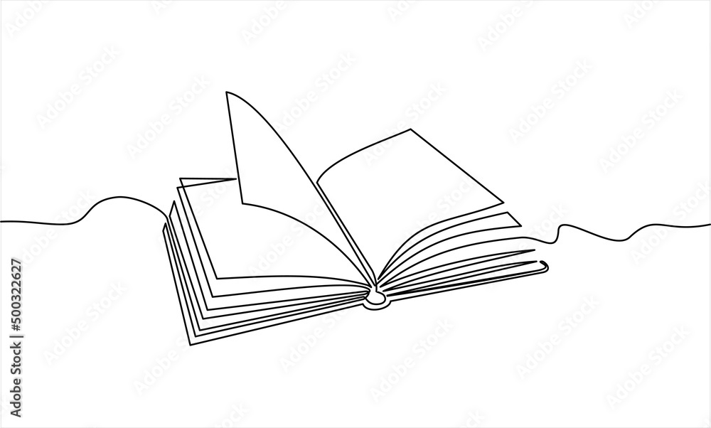 Poster continuous one line drawing of an open book with flying pages. vector illustration of back to school