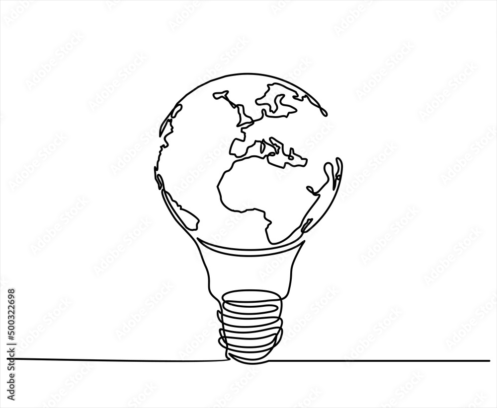 Poster earth globe inside lightbulb in one continuous line drawing. vector concept of eco innovation, idea 