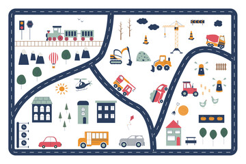 Cartoon kids mat for road play. Vector adventure map. City map with train, mountains, helicopter, tractor, mill, construction site. Design of a baby game. Toy cars, bus, excavator, bulldozer, truck.