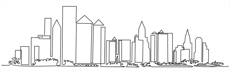 Modern cityscape continuous one line vector drawing. Panoramic landscape of metropolis architecture. Skyscrapers, hand drawn silhouette.