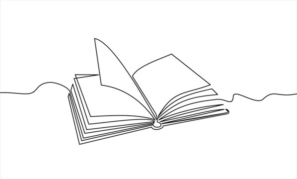 Continuous one line drawing of an open book with flying pages. Vector illustration of back to school, educational supplies.