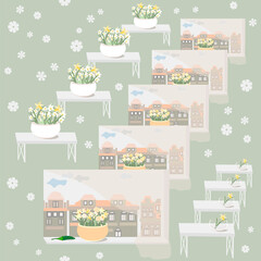 seamless children's pattern with the image of a vase with flowers by the window