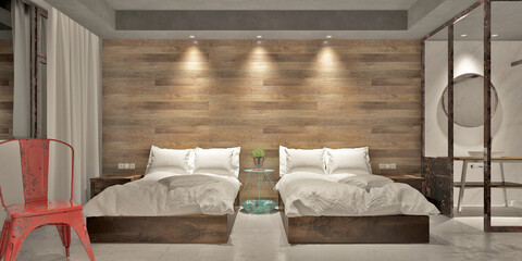 3d render. Modern hotel bedroom interior scene.