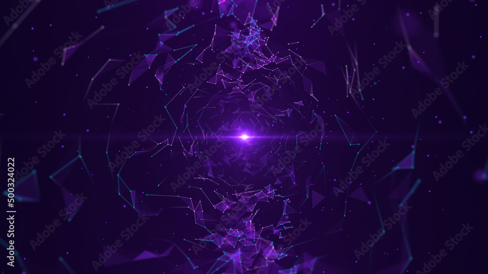 Poster abstract purple background. a futuristic tunnel of moving lines and dots. network connection. intern