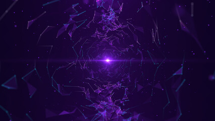 Abstract purple background. A futuristic tunnel of moving lines and dots. Network connection. Internet connection worldwide. Visualization of big data. 3d rendering.