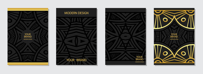 Cover design set, vertical templates. Collection of embossed black backgrounds with gold in art deco style. Geometric ethnic 3d pattern of East, Asia, India, Mexico, Aztecs, Peru.