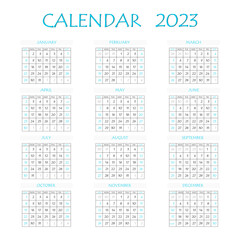 2023 calendar planner. Corporate week. Template layout, 12 months yearly, white background. Simple design for business brochure, flyer, print media, advertisement. Week starts from Monday