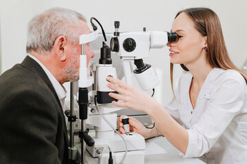 ophthalmologist examination of elderly man with slit lamp. medical equipment