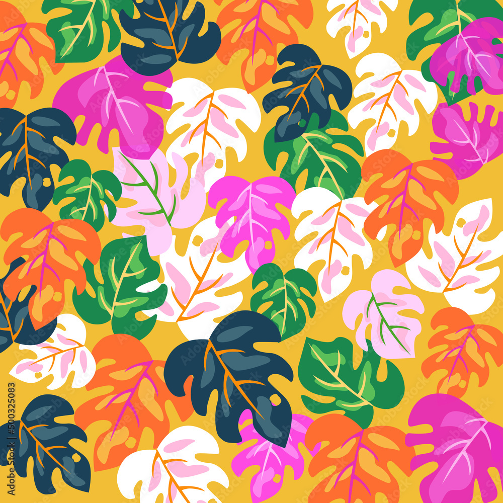 Poster the pattern is yellow with colorful leaves. vector stock illustration. flat style. design with leave